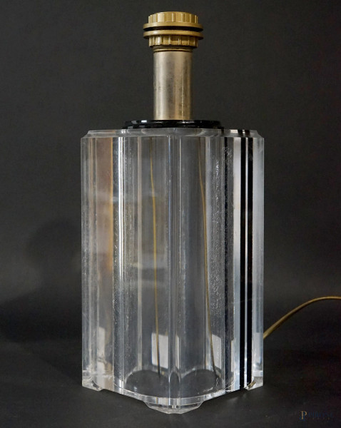 Lampada da tavolo in perspex trasparente con inclusioni nere, seconda metà XX secolo, cm h 37