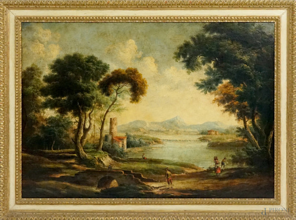 Paesaggio fluviale con ponte e figure, olio su tela, XX secolo, cm 71x101, entro cornice