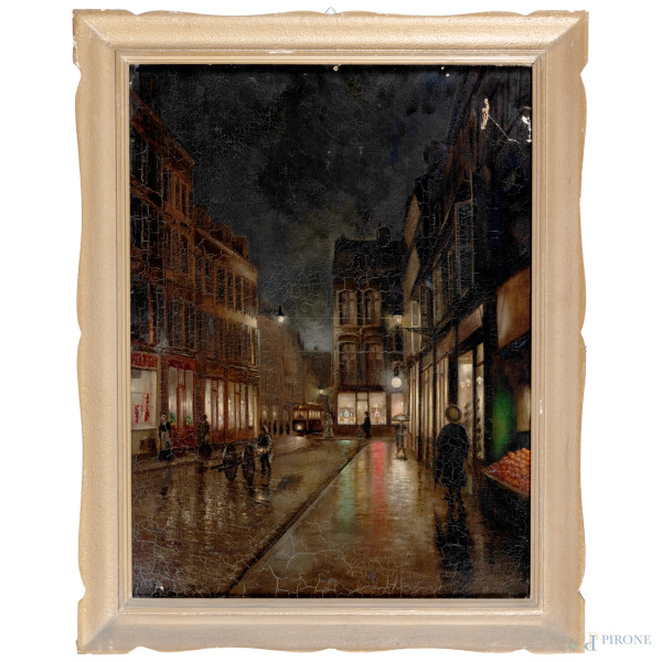 Parigi di notte, XX secolo, olio su tela, cm 61,5x46, entro cornice, (craquelure, cadute di colore, lacerazioni)