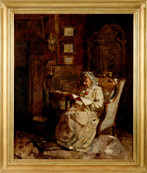 Anziana in lettura, olio su tela, cm 78x63 entro cornice, XIX-XX secolo, (difetti)
