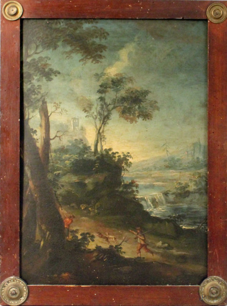 Dipinto double face, Paesaggio fluviale con cacciatori e caccia all&#39;orso, olio su cartone cm. 49,5x33,5, XIX secolo, entro cornice.