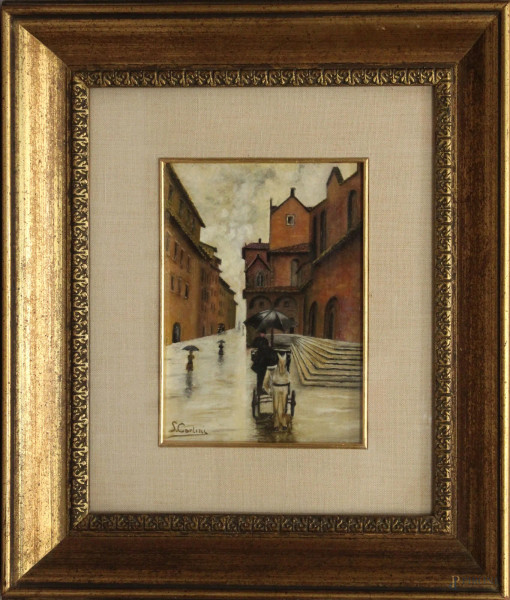 Scorcio di Pisa, olio su cartoncino telato, 23x17 cm, entro cornice firmato S. Carlini
