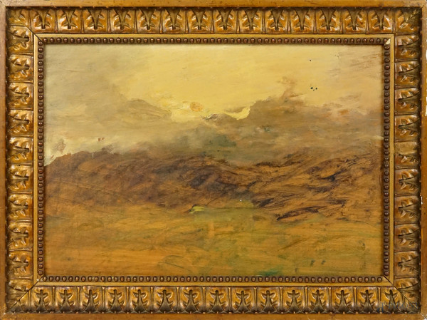 Lorenzo Delleani - Paesaggio, bozzetto realizzato ad olio su tavola, cm 31x45, entro cornice.