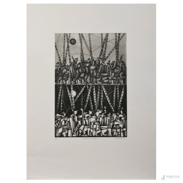 Marina Ziggiotti, Le città contrapposte, acquaforte/acquatinta, es. 3/40, cm 70x50, firmata e datata "02" in basso a destra