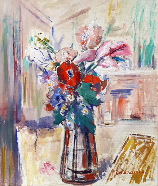 Luigi Cobianco (1893-1967) Vaso con fiori, metà anni 50, olio su tela, cm 60x50, firmato, con cornice