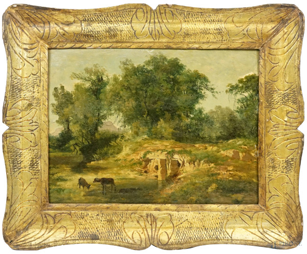 Pittore del XIX secolo, Paesaggio con armento, olio su tavola, cm 31,5x45, entro cornice