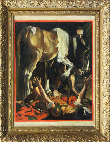 Interno con figure e cavallo, olio su tela firmato, cm 63 x 85, entro cornice.