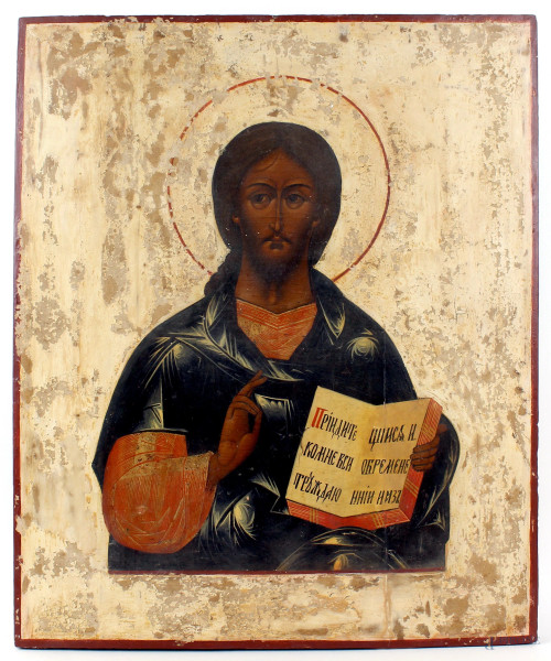 Icona russa del XIX secolo, raffigurante Cristo Benedicente, tempera su tavola, cm 53,5x43,5