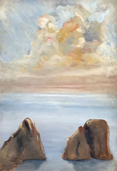 Artista del Novecento, Faraglioni sul mare, olio su tavola, cm 37x55, al retro natura morta con frutti e oggetti, firmato Siniscalco
