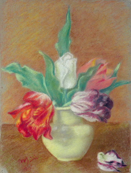 Artista del Novecento, vaso con fiori, pastelli a olio su carta, cm 25x32, firmato 