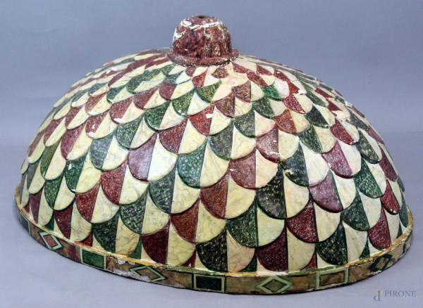 Modello di cupola in legno e stucco dipinto in policromia, cm h 55, (difetti, mancanze)