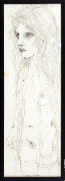 Nudo di donna, disegno a matita su carta, cm. 50x16, firmato Bruno Caruso.