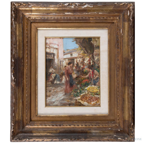 Vincenzo Migliaro (1858-1938), Al mercato, olio su tavoletta, cm 29x23, firmato in basso a sinistra,  [..]