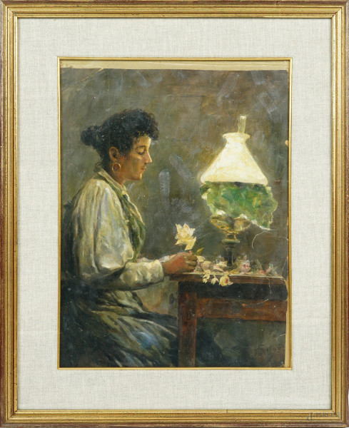 Donna con fiori in un interno, olio su carta applicata su tela, cm 38x29, firmato F. Mola, entro cornice, (difetti)