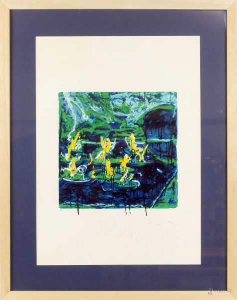 Mario Schifano - Fiori d'acqua, serigrafia a colori, prova d'autore, cm 50x35, entro cornice