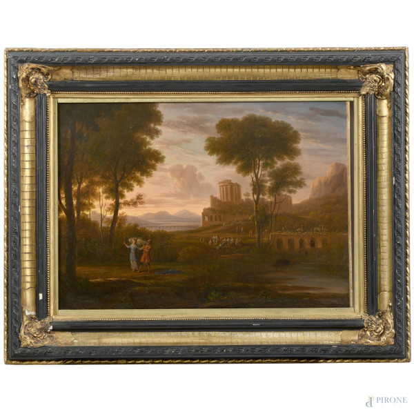 Giacobbe e l'angelo, XVIII-XIX secolo, olio su tela, cm 43,4x59,5, entro cornice, (lieve craquelure)