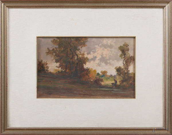 Cesare Gheduzzi (1894-1944), Paesaggio con figure, olio su compensato, cm 27,5x44,5, firmato in basso a sinistra, entro cornice, (supporto imbarcato)