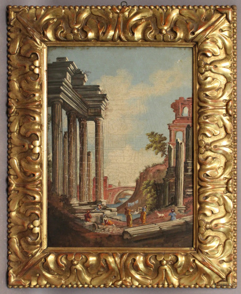 Paesaggio romano con architetture e figure, olio su rame 32x45 cm, entro cornice.