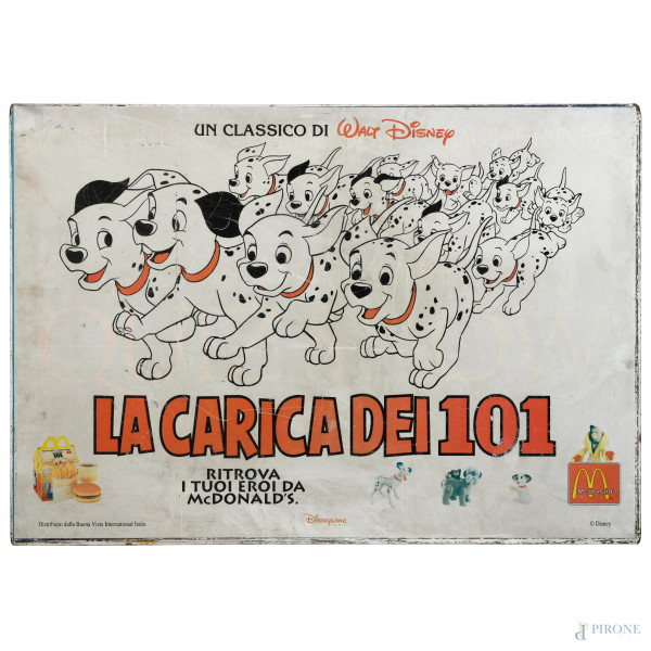 Pannello pubblicitario con struttura in metallo de "La Carica dei 101", cm 70x100 (segni di usura, difetti, mancanze)