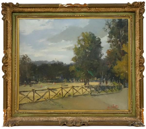 Parco con staccionata,olio su tavola, cm 49,5x67, firmato Privitera,  entro cornice.