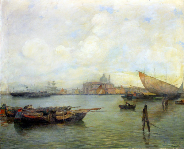 Cesare Vianello, Laguna veneta, olio su tela, cm 95x115, entro cornice.