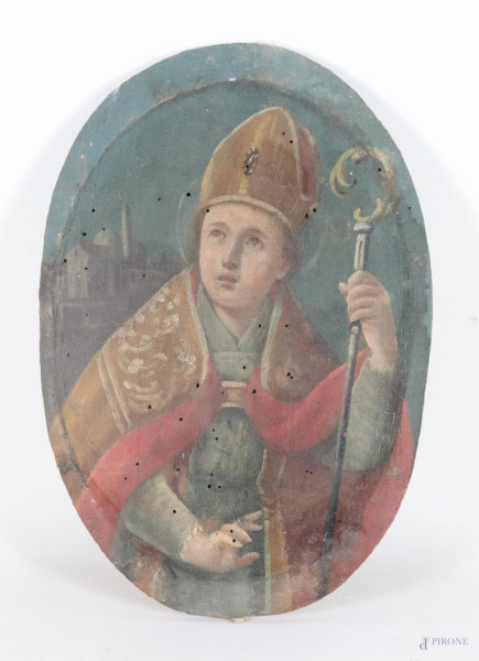 San Flaviano Vescovo, XVIII-XIX secolo, olio su tavoletta a serto ovale, cm 26x18, (segni di usura abrasioni, fori di tarlo, difetti)