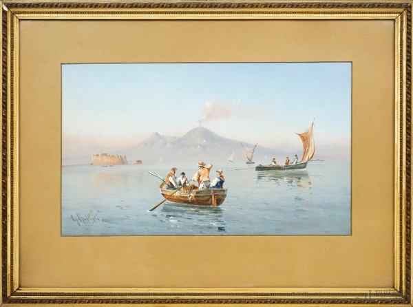 Golfo di Napoli con pescatori, gouache su carta, cm 27,5x46, firmato G. Battista, entro cornice
