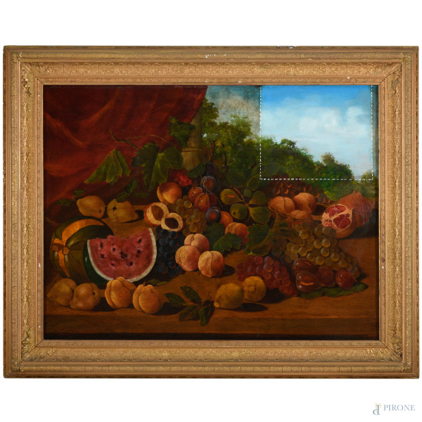 Natura morta con frutta, olio su tela, cm 80x110, XIX secolo, entro cornice, (presenta saggio di pulitura in alto a destra)