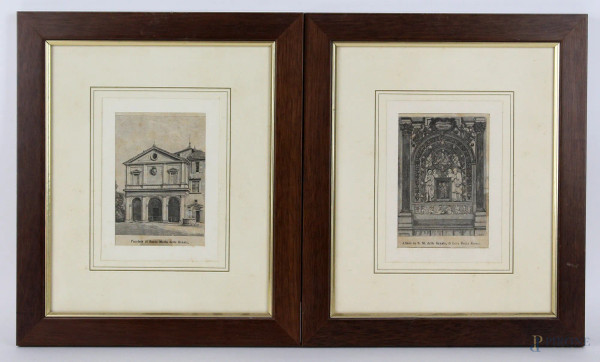 Due antiche stampe raffiguranti Santa Maria delle Grazie a Montepulciano, cm. 12x8,5, entro cornici.