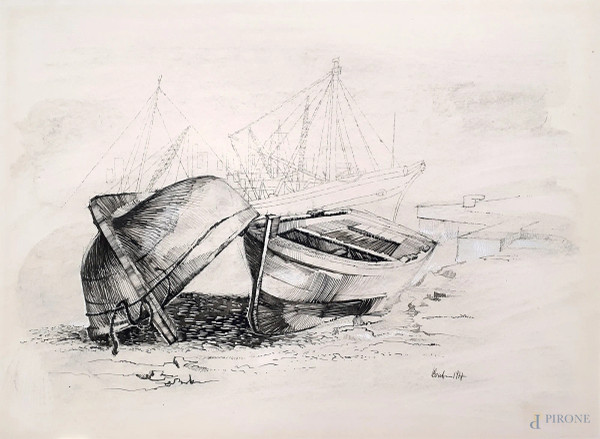 Barche in secca, inchiostro su cartone, cm 37x26