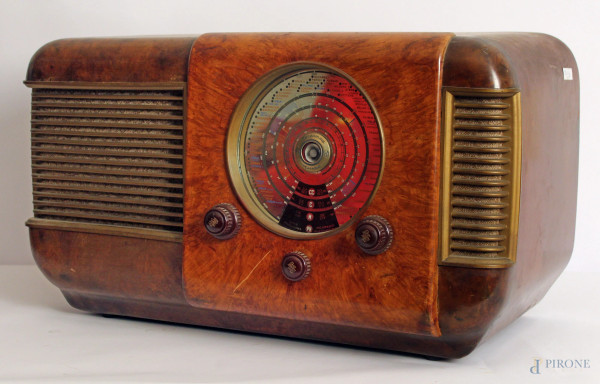 Vecchia radio a valvole in radica, anni 50, h. 31x65x31 cm 