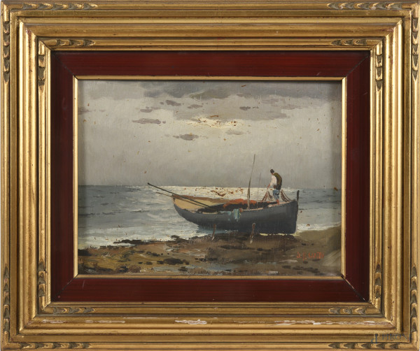Barca con pescatore, XX secolo, olio su compensato, cm 18x24, firmato in basso a destra, entro cornice, (segni di usura, abrasioni, difetti)