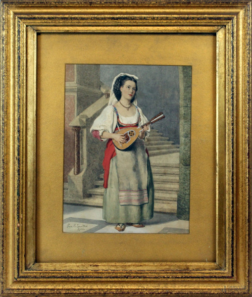 Francesco Raffaele Santoro - Donna con mandolino, acquarello su carta, cm 28x21, entro cornice.