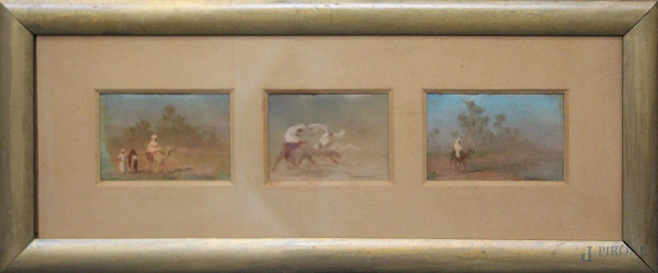 Stefan Baklowicz - Scena di vita nel deserto, Lotto di tre olio su tela, dimensione massima 11x7 cm, entro unica cornice.