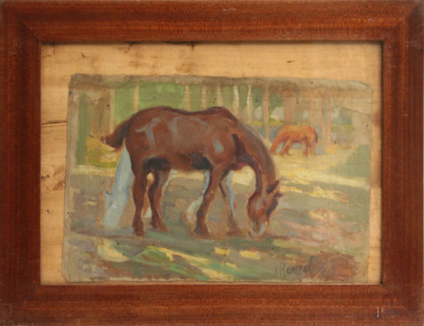 Cavalli al pascolo, dipinto olio su tela, firmato, cm. 28x42, entro cornice.