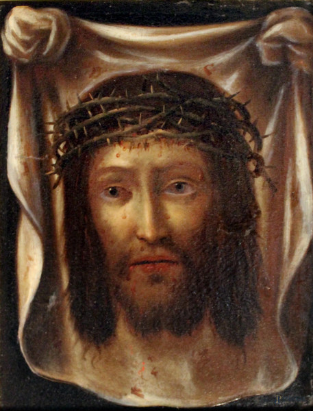 Ecce Homo, olio su tela, Scuola spagnola, XVIII sec., cm 48 x 37, entro cornice.