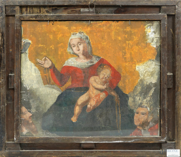 Madonna del Rosario tra San Francesco e Santa Chiara, olio su tela, XIX-XX secolo, cm 51x61, entr...