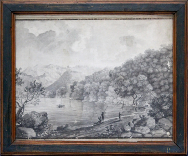 Paesaggio lagunare con figure, acquarello su carta, 38x48 cm, entro cornice, fine XVIII sec.