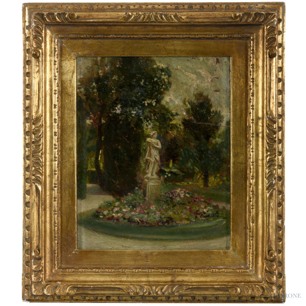 Statua nel parco, XX secolo, olio su cartone, cm 31x22,5 entro cornice, (graffi e cadute di colore)
