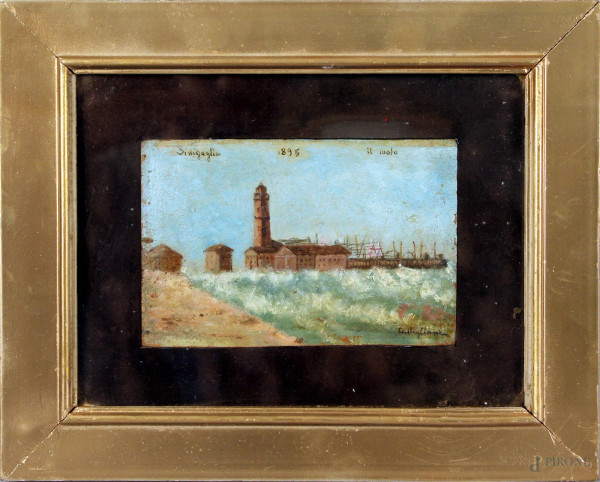Il molo di Sinigaglia, olio su tavola, cm. 11x16, firmato Castiglione, entro cornice.