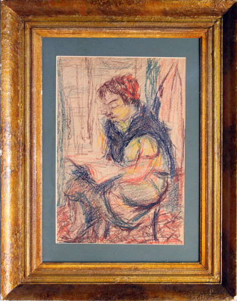 Donna in lettura, tecnica mista su carta, 48x31 cm, entro cornice.