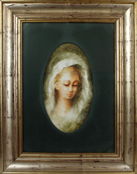Ortensia Celeste - Volto di giovinetta,olio su tela, cm 34x48, entro cornice.