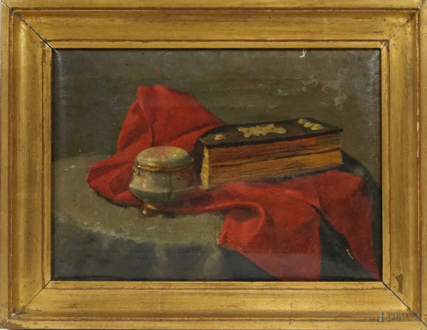 Libro con cofanetto, olio su tela, cm 27,5x38,5, inizi XX secolo, entro cornice