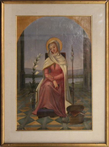 Madonna, olio su tela, XIX sec., cm 54 x 37, entro cornice.