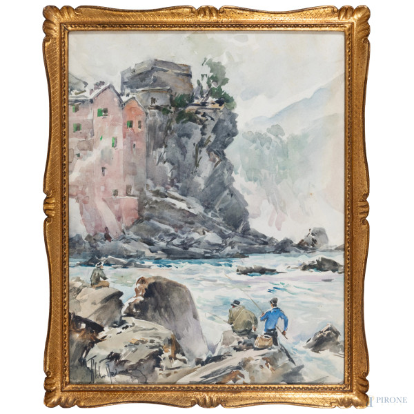 Pescatori sugli scogli, XX secolo, acquerello su carta, cm 47x37, firmato in basso a sinistra, entro cornice