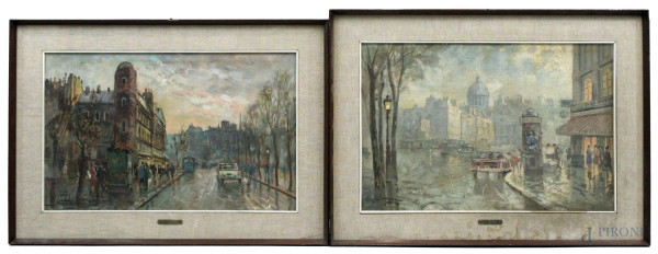 Angelo Cannone - Coppia di dipinti raffiguranti scorci di Parigi, olio su tela, cm 35x55x entro cornici, (difetti).