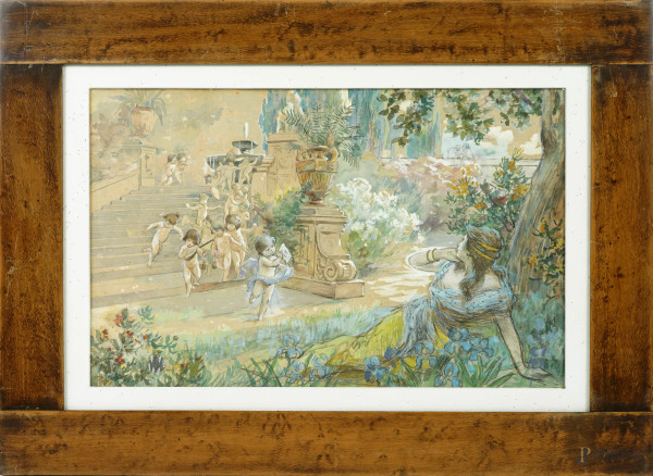 Carlo Copped&#232; - Figura femminile con putti musicanti entro una villa, acquerello su carta, firmato a destra C. Coppedè, cm 34,5x50,5, entro cornice