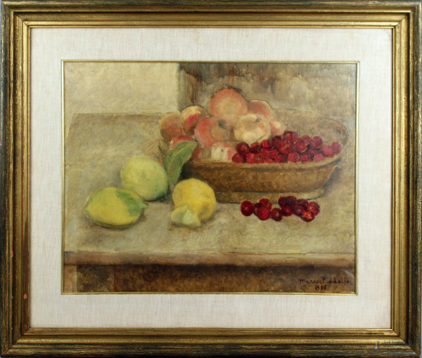 Cesta con frutta, olio su tela, cm. 40x50, firmato Marisa Pandolfo, entro cornice.