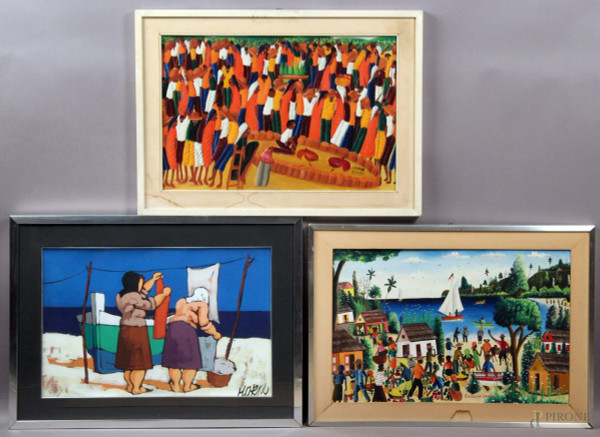 Lotto composto da tre dipinti a soggetti diversi, misure max 40x60 cm
