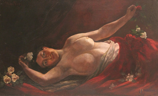 Donna con drappo e fiori, olio su tela, 118x72 cm